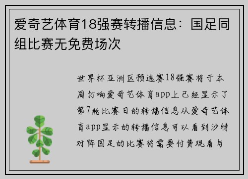 爱奇艺体育18强赛转播信息：国足同组比赛无免费场次